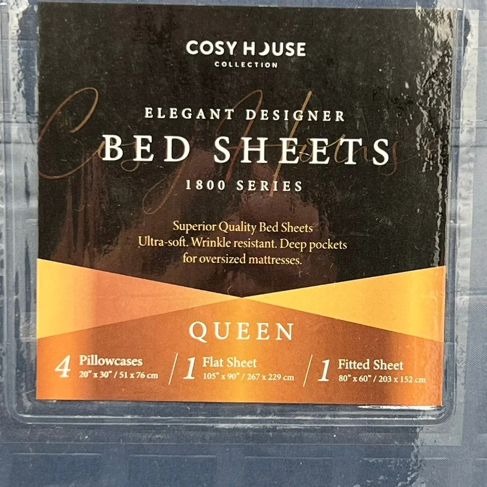Cosy House Collection Queen Bed Sheets Blue 1800 Series Square Pattern New